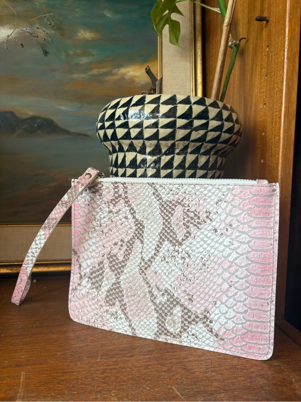Leather Snakeprint Flat Clutch